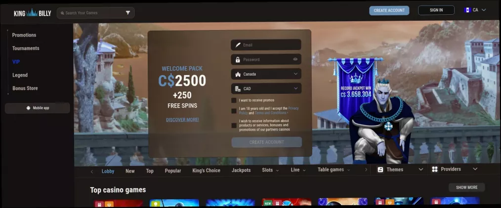 King billy Casino bonus 2500 CAD + 250 Free Spins